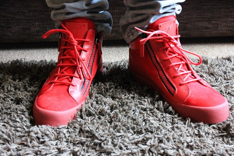 giuseppe zanotti mens red sneakers